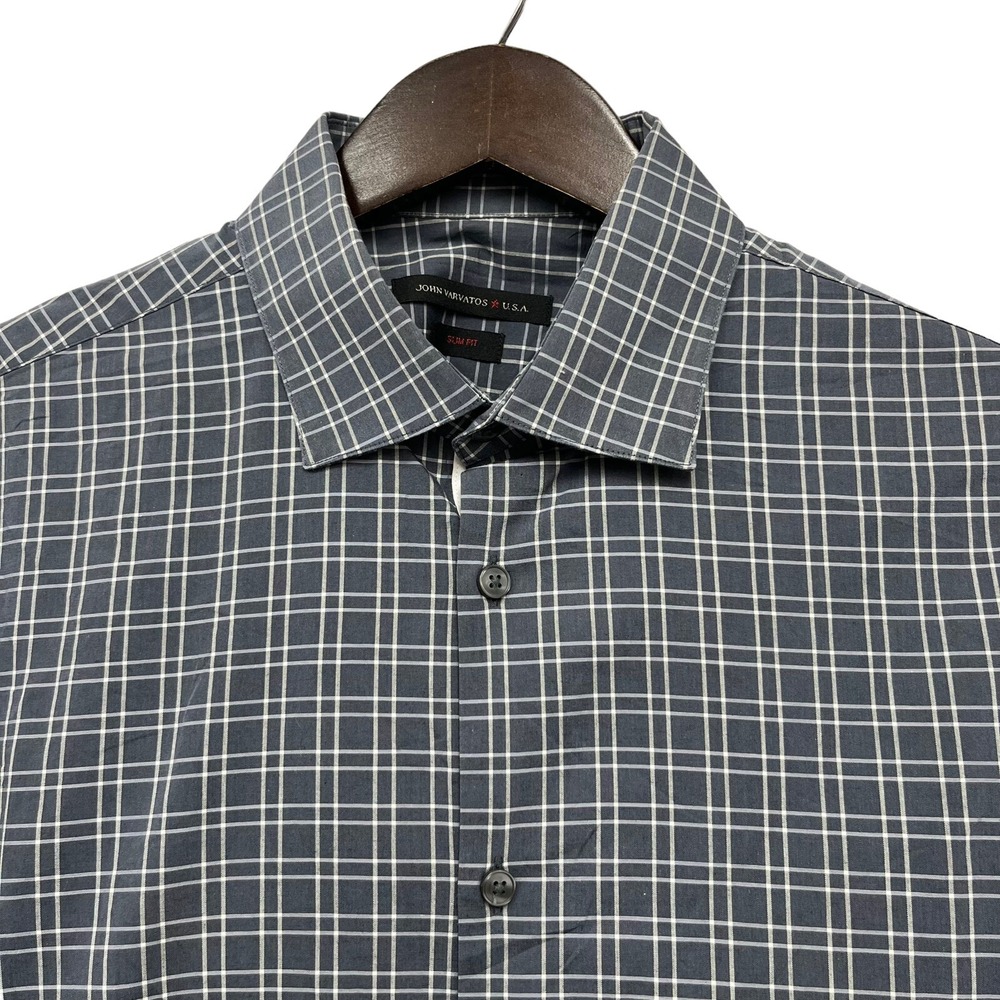 John Varvatos Star USA Men's Button Front Shirt Gray Plaid 16 34/35 Slim Fit euc